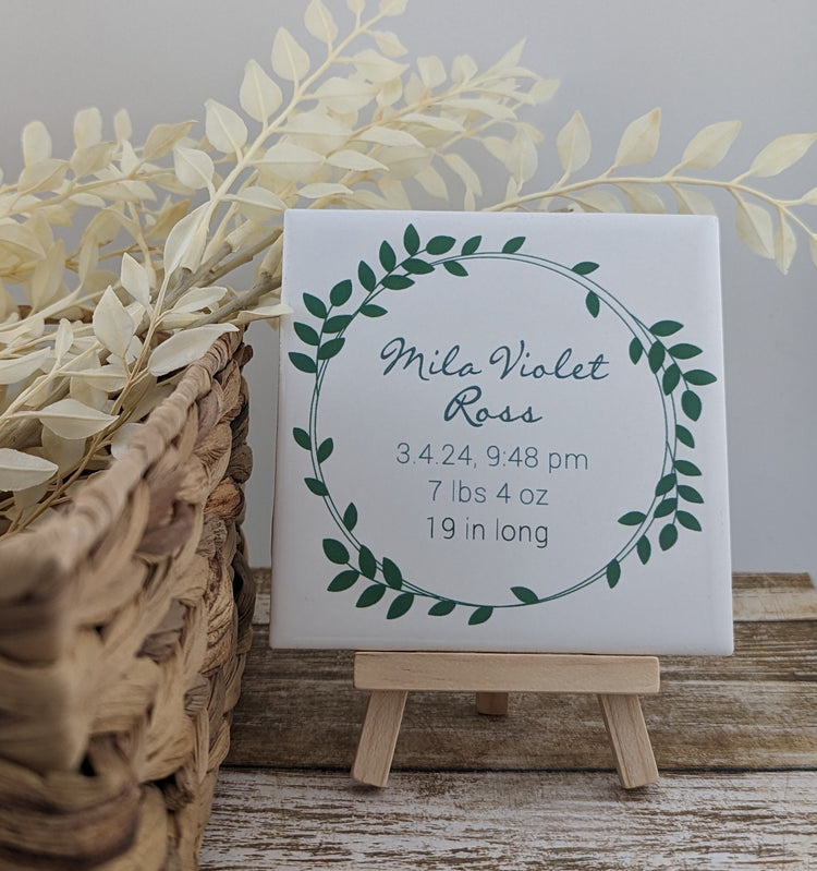 Custom Nature Baby Birth Date Sign, YOUR Baby's name and birth info tile with easel sign - easel included