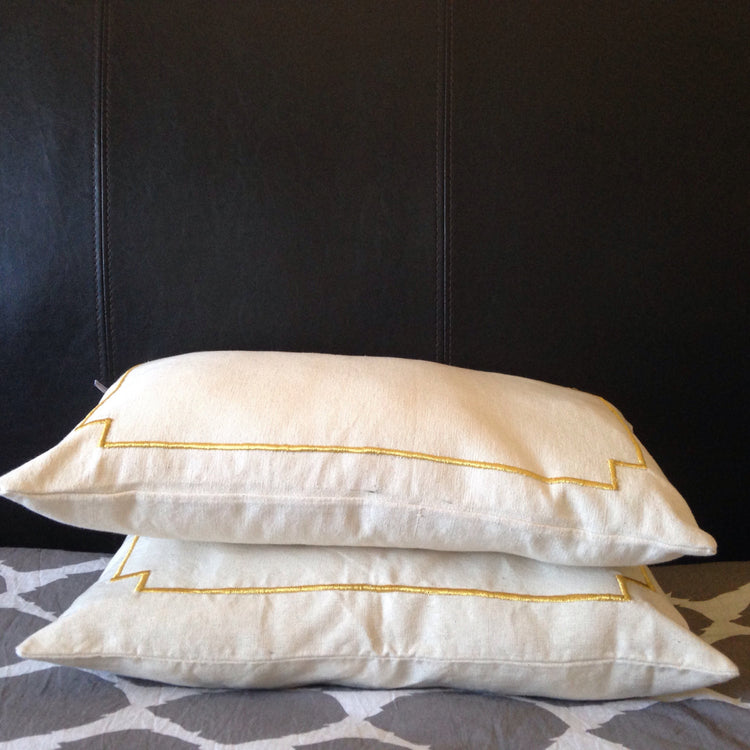On Sale Ivory Trim Pillows, Lumbar Bedroom Pillows, Gold Border Throw Pillows, 12x20 Small Pillows, Gold Home Decor