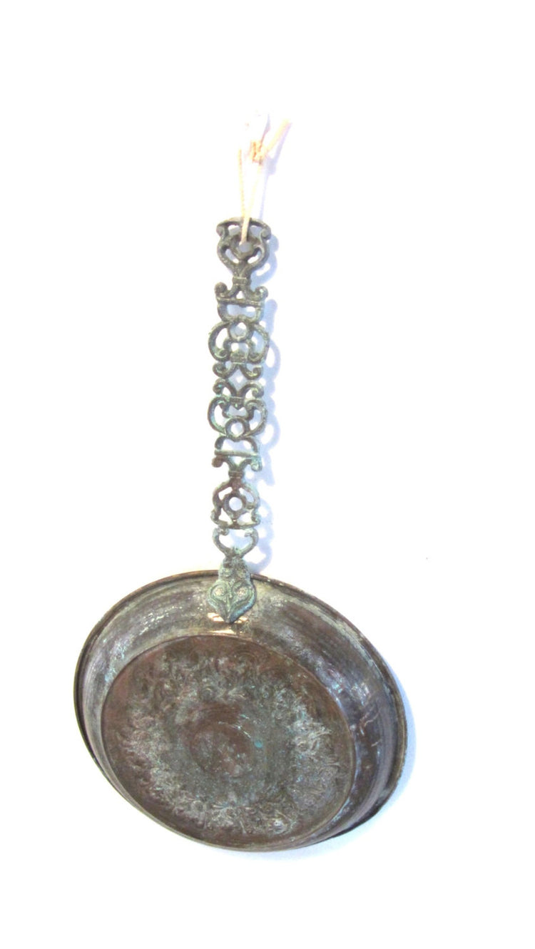Farm kitchen. Kitchen decor rustic. Copper kitchen. Patina decor. Antique kitchen utensil. Copper wall hanging. Hanging ornate copper pan.