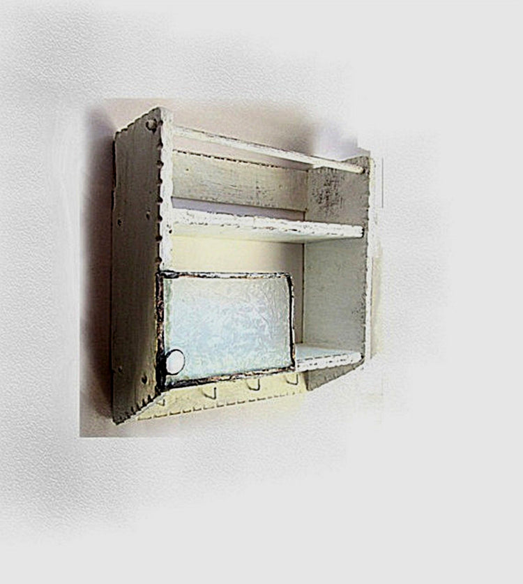 French country kitchen. Upcycled wood. Kitchen rack. Spice rack. Key organizer. Vintage spice rack. White distressed. Mid century glass.