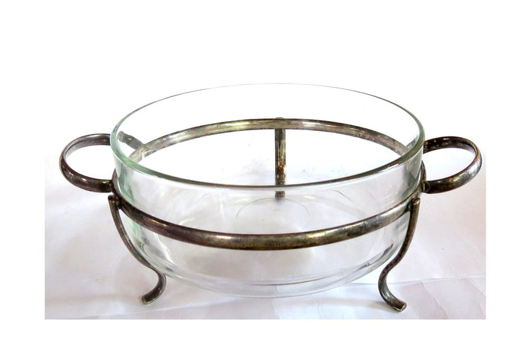 Vintage serving dish. Casserole dish. Glass serving bowl. Metal stand. Brass stand. Serving caddy. Silver serving piece. Silver plated.