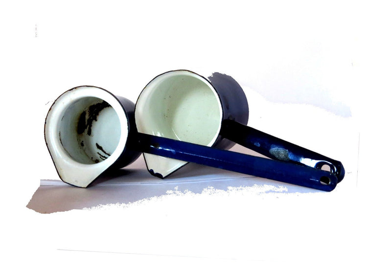 Vintage coffee set. Enammelware. Middle eastern. Enamel coffee pots. Coffee enamelware. Peacock design. Two small coffee pots. Cobalt blue.