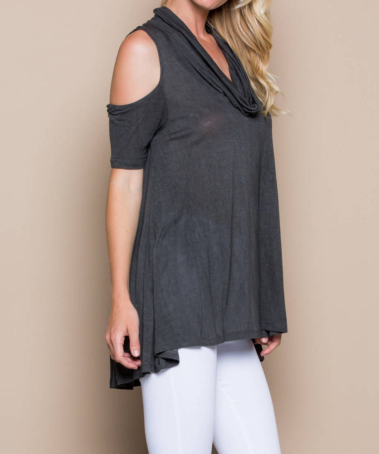 Chic Cold Shoulder Cowl Neck Top - Grey