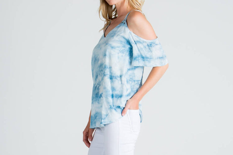 Cold Shoulder Top - Cloud Blue, Chic Tie Dye Top, Summer Tie Dye Top, Blue Tie Dye Top, Womens Chic Tie Dye Top, Womens Boho Top