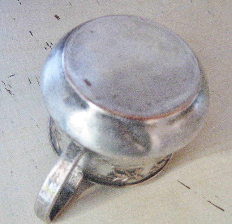 Tea glass holder. Ornate copper cup. Partly silver plated. One handle. Embossed flowers. Vintage.