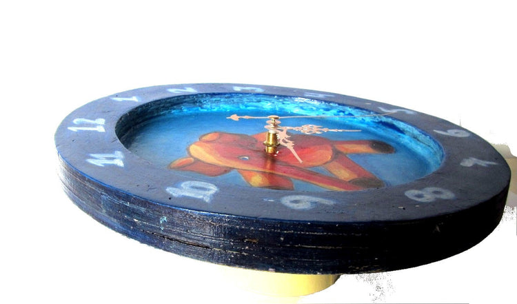 Kids wall clock. Blue wood wall clock. Elephant clock.Electric nursery clock. Upcycled vintage clock.