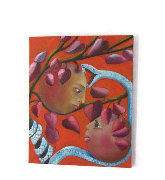 Bible art. Oil on canvas. Original artwork. Surreal art. Paradise. Surreal painting. Snake art. Adam and eve in the garden of eden.