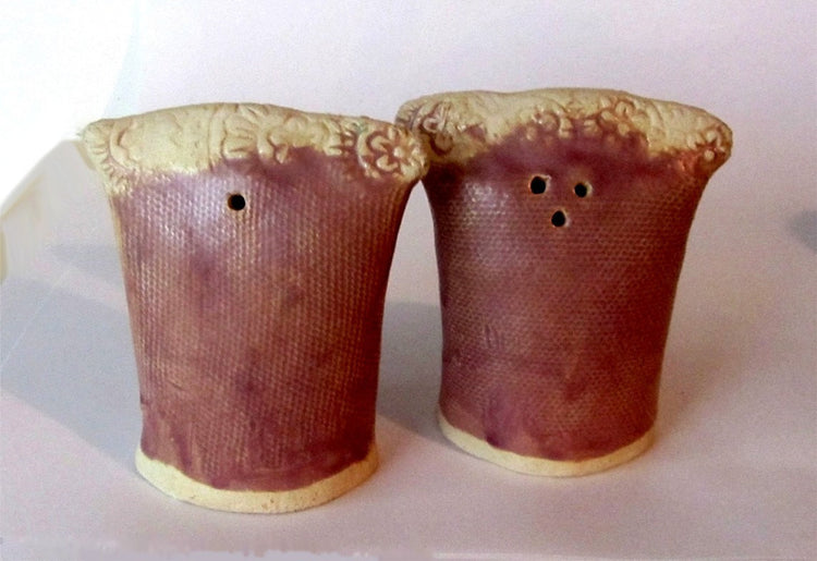 Salt and pepper. Ceramic set. Pottery set. Salt and pepper set. Ceramic tableware. Salt shaker. Pepper shaker. Handmade brown purple shakers