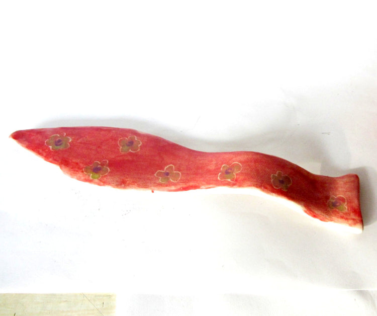 Pottery spoon rest. Ceramic spoon holder. Handmade. Unique design. Red with purple and brown flowers.