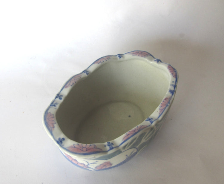 Asian ceramic planter. Small planter.Floral pottery flower pot. Lotus flowers are painted on the outside.