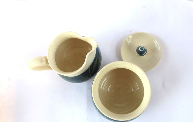 Vintage pottery cream and sugar set. Blue and white ceramic. Handmade pottery. Farmhouse pottery. Ceramic creamer and sugar bowl.