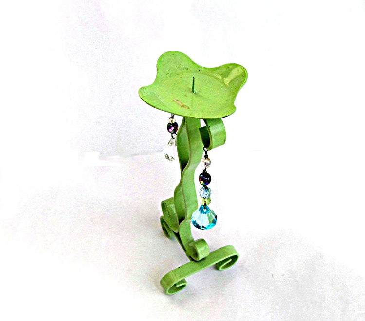 Candlestick holder. Green candle holder. Metal candle holder. Large candle. Painted candle holder. Beaded. Upcycled. Vintage.