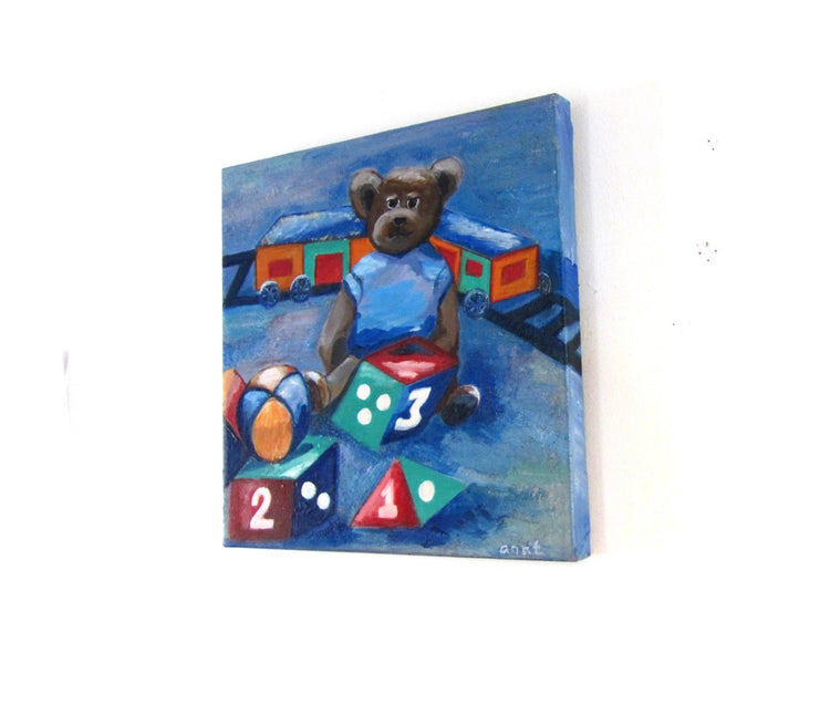 Nursery painting. Painting for kids. Canvas nursery art. Childrens toys art. Teddy bear art. Toy blocks. Toy train. Blue nursery painting.