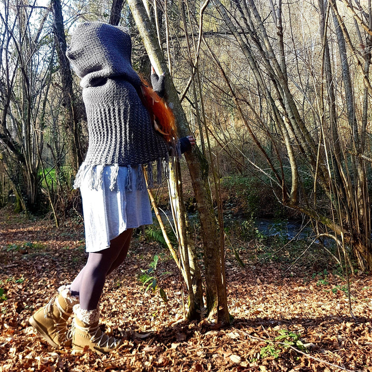 Hand Woven Hooded Shawl: Vegan Viking Wedding Cape with Viking Pin