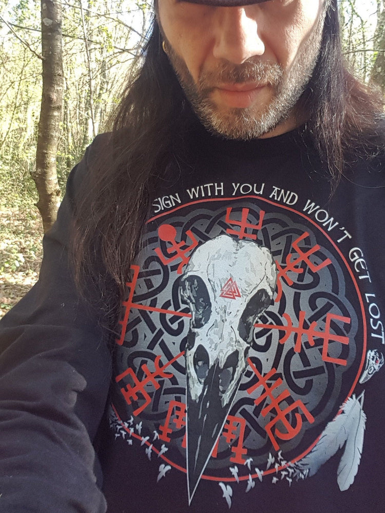 Norse Raven Skull Long Sleeve Shirt: Viking Vegvisir Valhalla T-Shirt