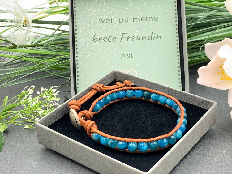 Wickelarmband Apatit echt mit Leder - gewickeltes Perlenarmband - Geschenk beste Freundin Lieblingsmnsch - Wunschedelstein