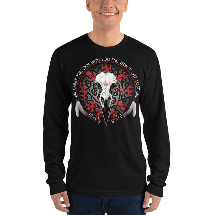 Norse Raven Skull Long Sleeve Shirt: Viking Vegvisir Valhalla T-Shirt
