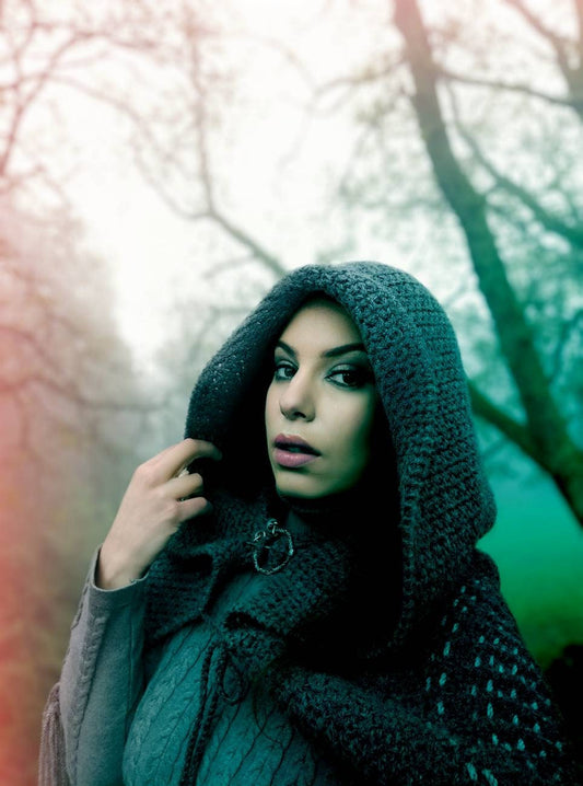 Hand Woven Hooded Shawl: Vegan Viking Wedding Cape with Viking Pin