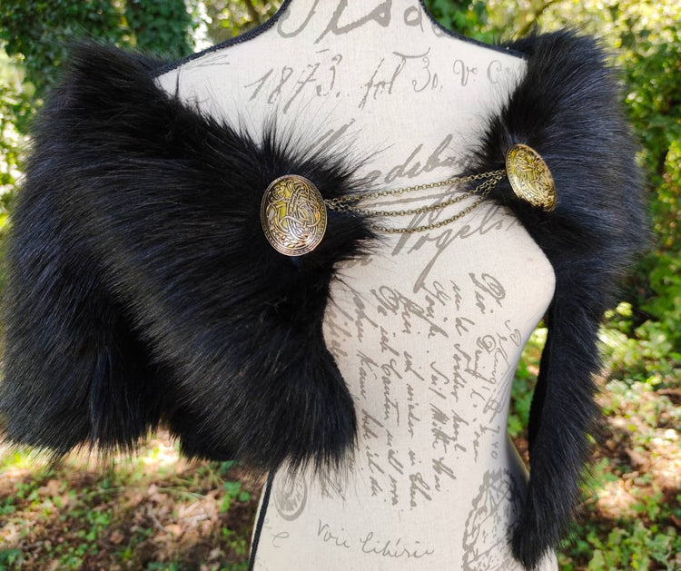 Black Fur Viking Mantle with Brooches, Norse Wedding Collar