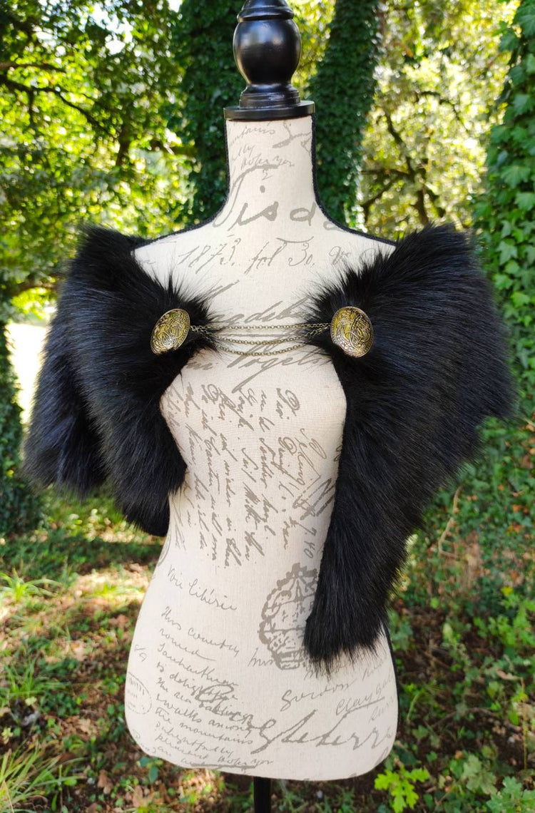 Black Fur Viking Mantle with Brooches, Norse Wedding Collar