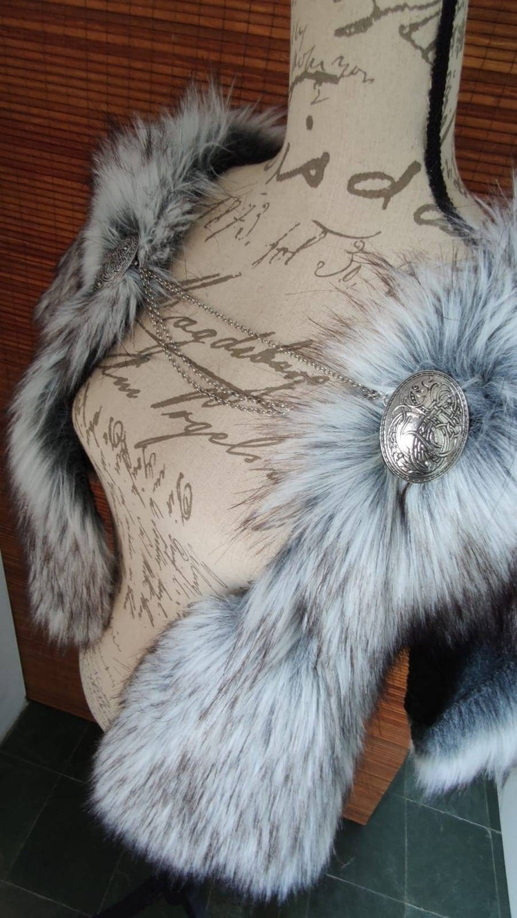 Custom Barbarian Fur Mantle with Viking Brooches