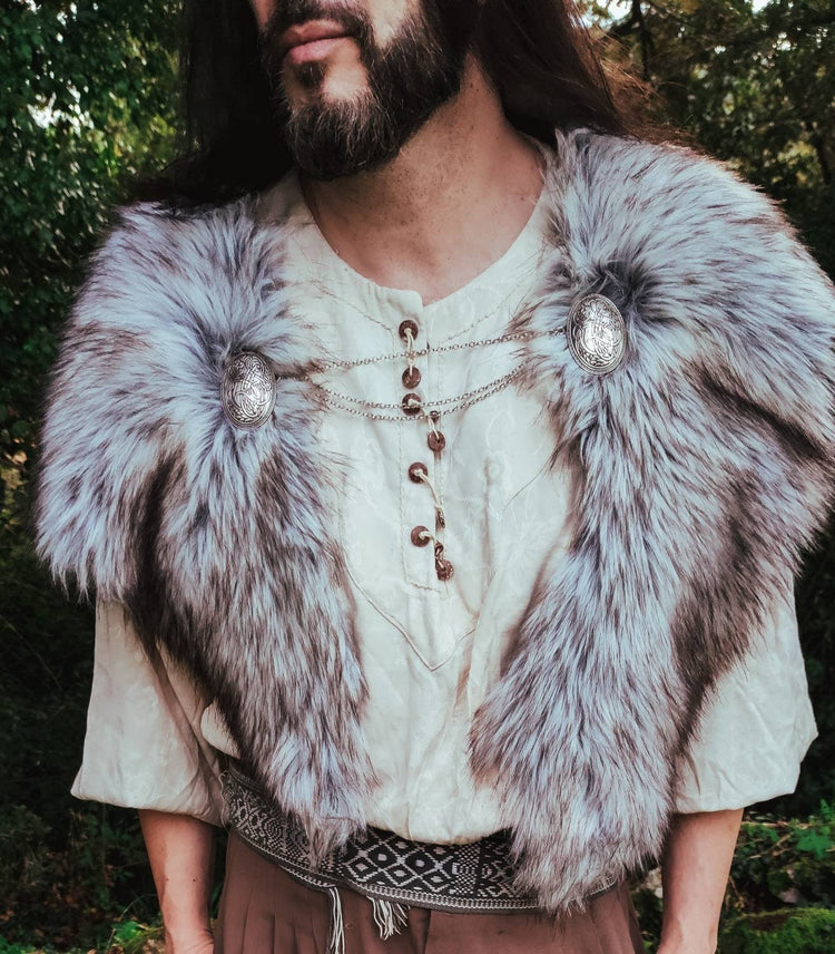 Gray Wolf Vegan Fur Viking Mantle with Brooches, Barbarian Edition