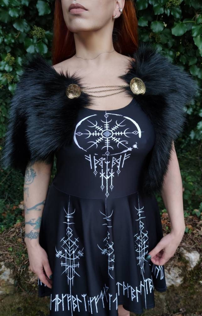 Black Fur Viking Mantle with Brooches, Norse Wedding Collar