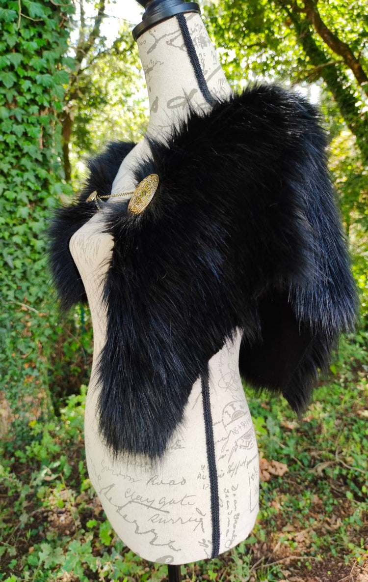 Black Fur Viking Mantle with Brooches, Norse Wedding Collar
