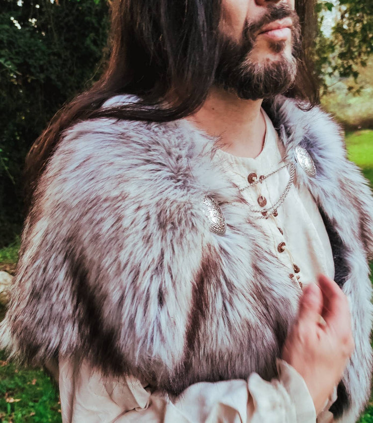 Gray Wolf Vegan Fur Viking Mantle with Brooches, Barbarian Edition