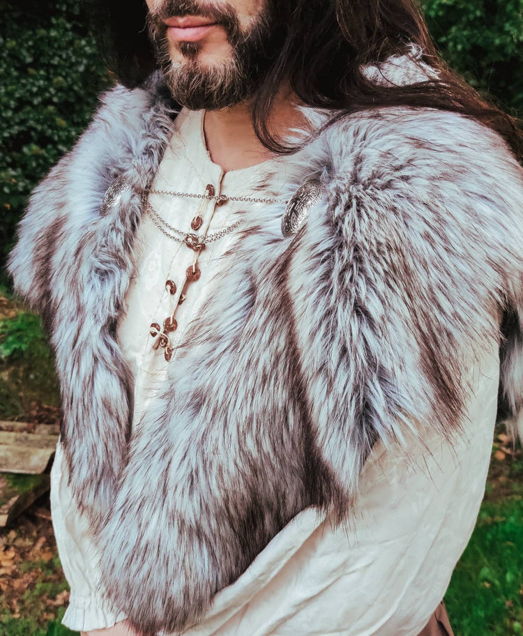 Gray Wolf Vegan Fur Viking Mantle with Brooches, Barbarian Edition