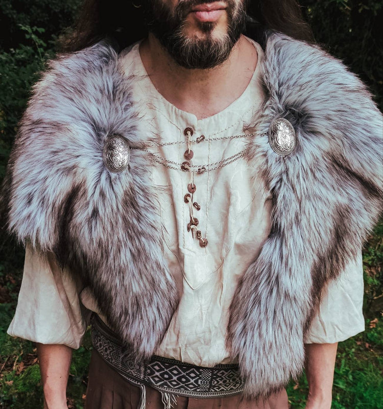 Gray Wolf Vegan Fur Viking Mantle with Brooches, Barbarian Edition