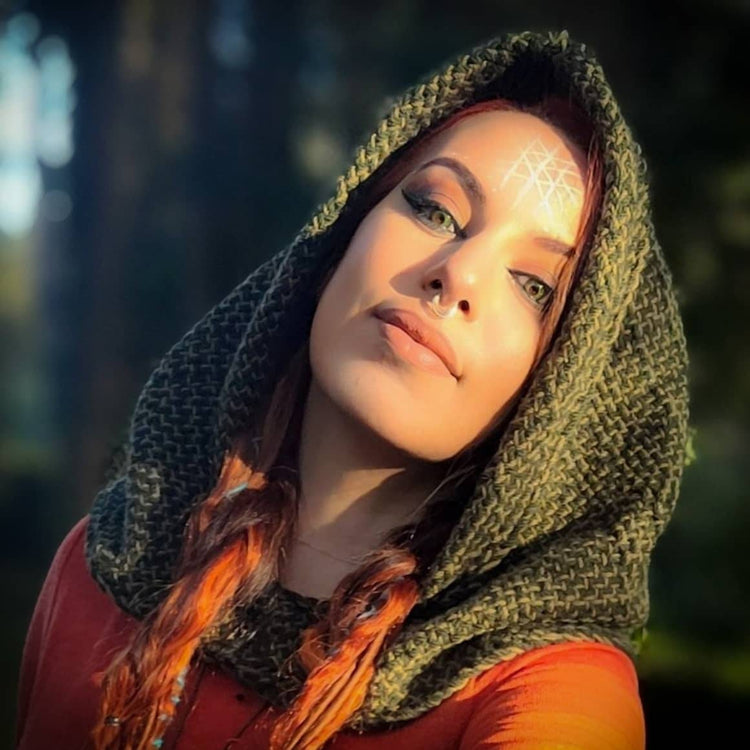 Handwoven Forest Green Hood, Web of Wyrd Norse Capelet