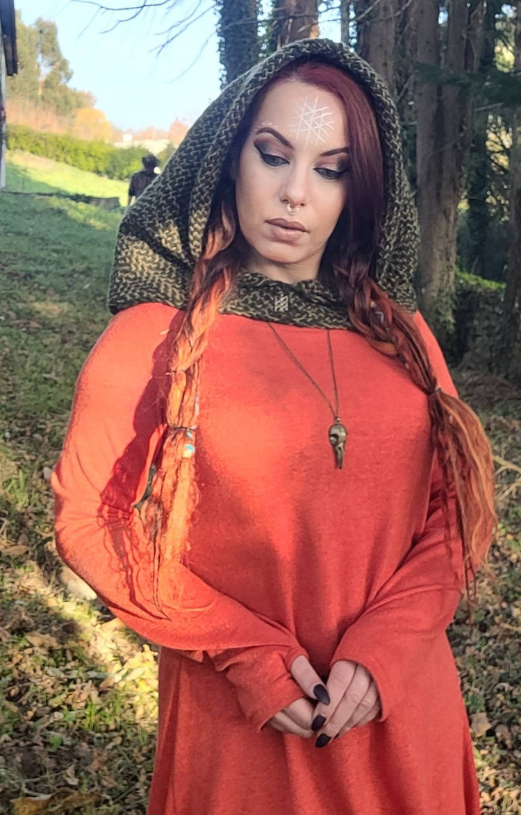 Handwoven Forest Green Hood, Web of Wyrd Norse Capelet