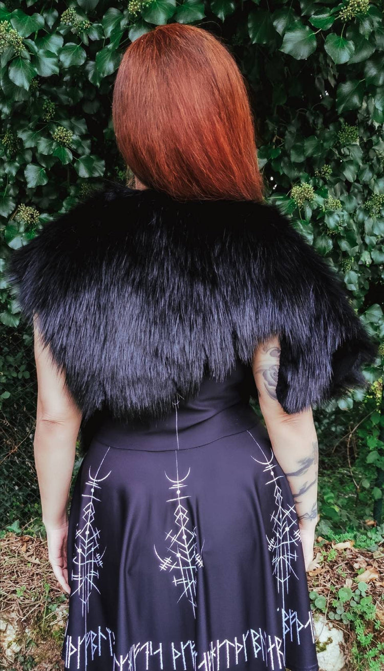 Black Fur Viking Mantle with Brooches, Norse Wedding Collar