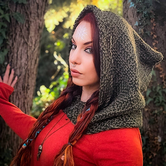 Handwoven Forest Green Hood, Web of Wyrd Norse Capelet