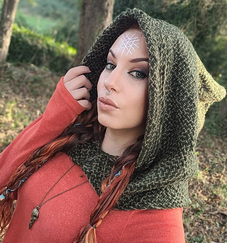 Handwoven Forest Green Hood, Web of Wyrd Norse Capelet