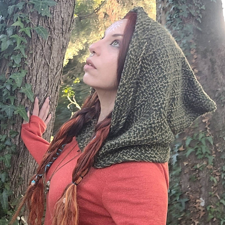 Handwoven Forest Green Hood, Web of Wyrd Norse Capelet