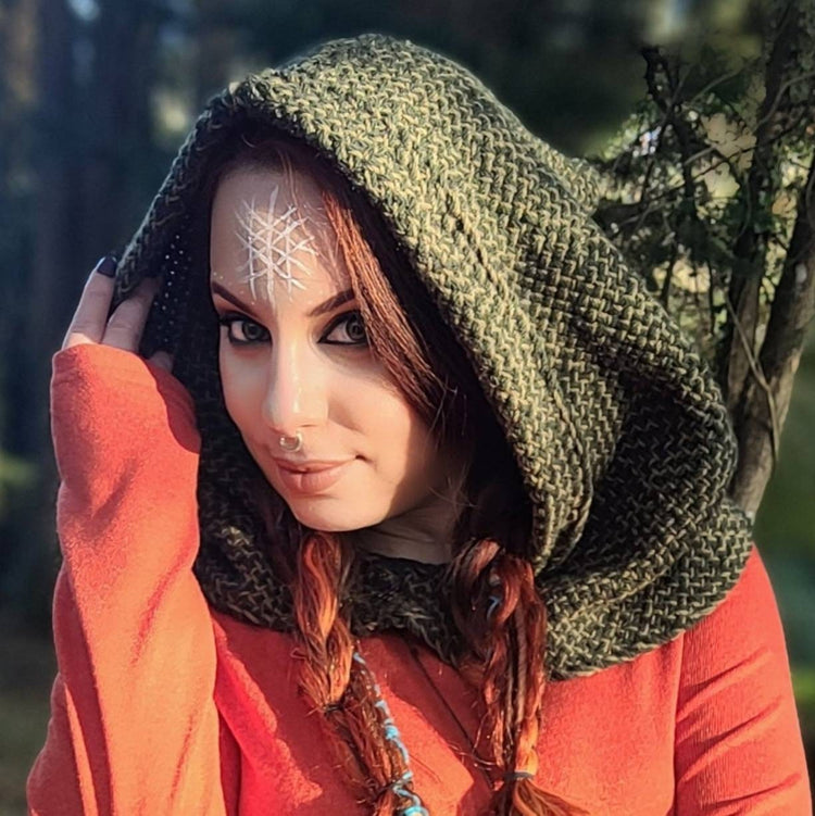 Handwoven Forest Green Hood, Web of Wyrd Norse Capelet