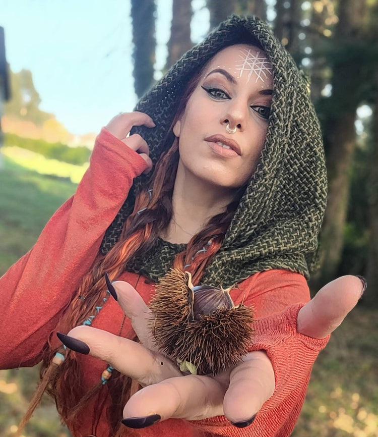 Handwoven Forest Green Hood, Web of Wyrd Norse Capelet