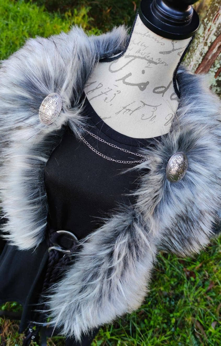 Gray Wolf Vegan Fur Viking Mantle with Brooches, Barbarian Edition