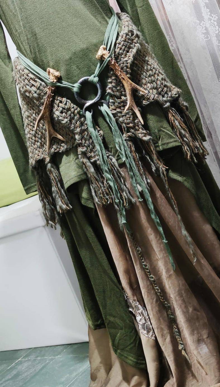 Handwoven Forest Witch Shawl Set: Hood, Chemise, Skirt, Amulet Belt