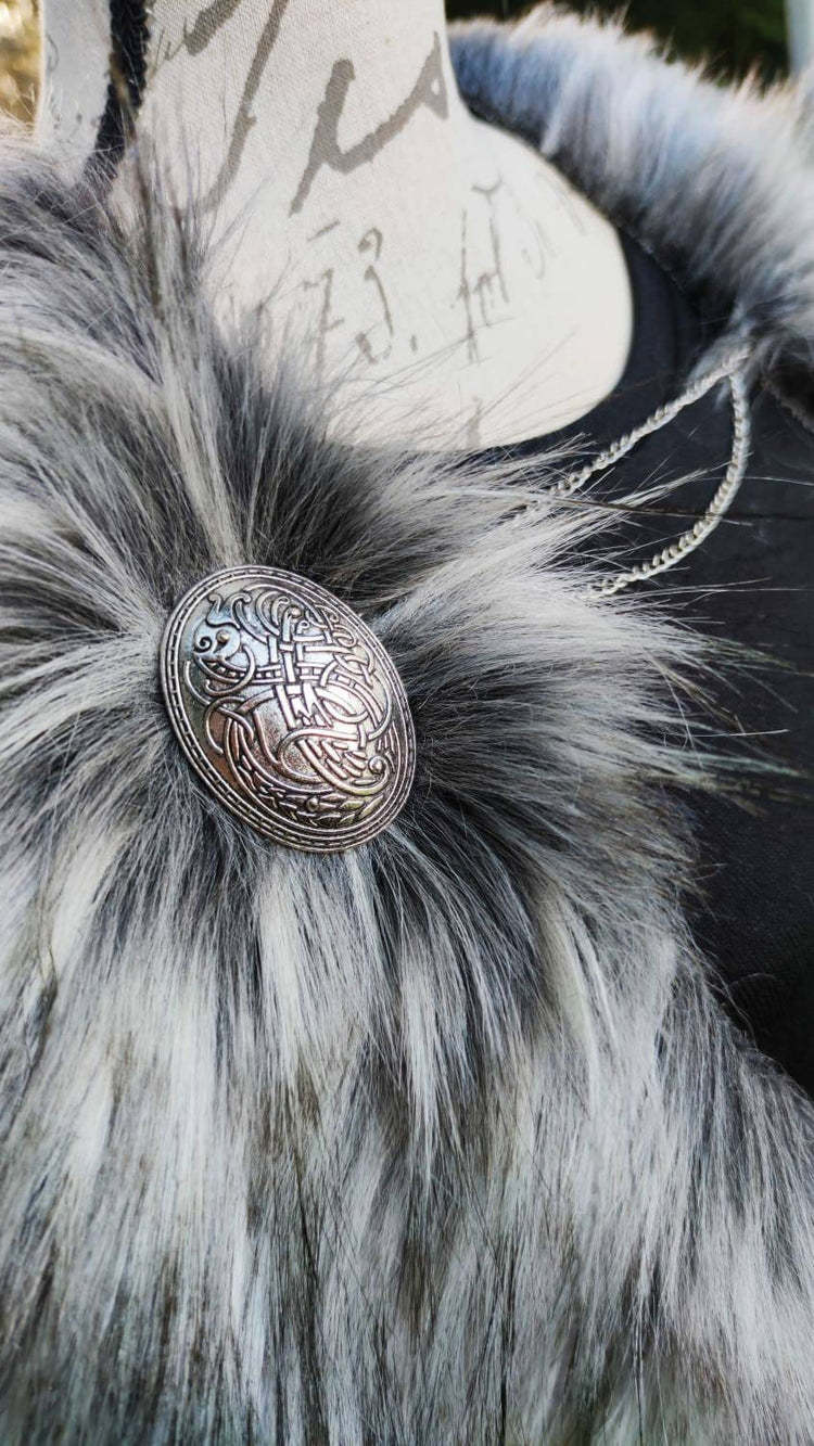 Gray Wolf Vegan Fur Viking Mantle with Brooches, Barbarian Edition