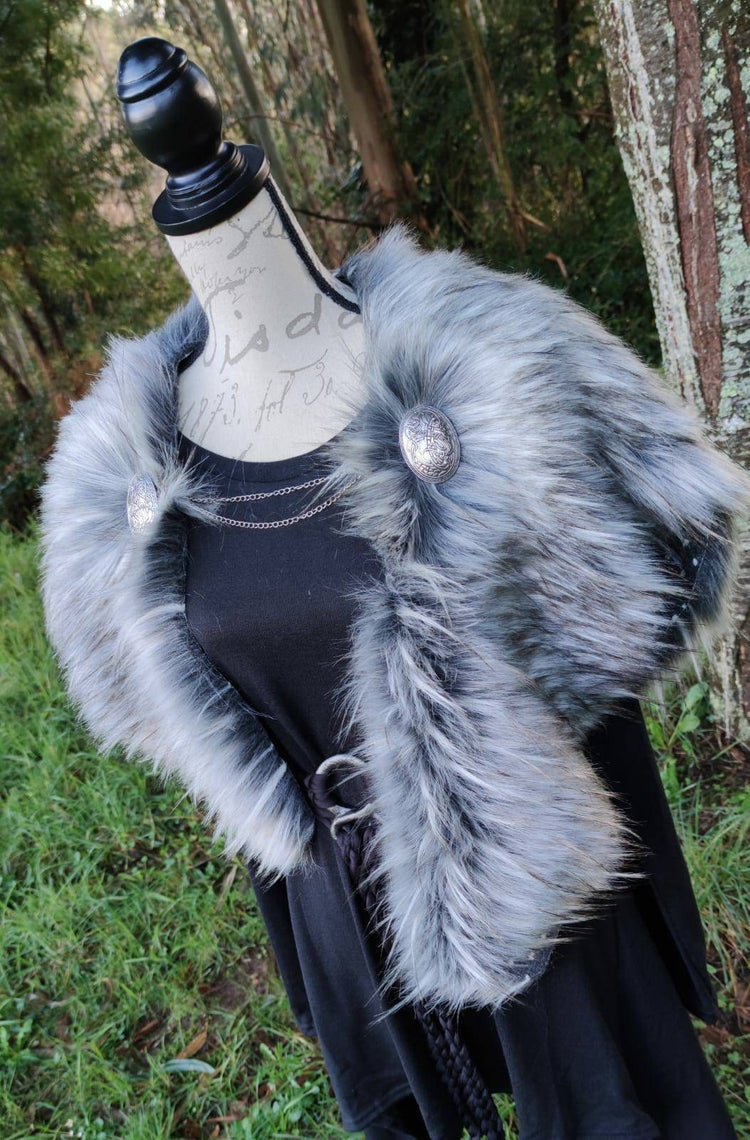 Gray Wolf Vegan Fur Viking Mantle with Brooches, Barbarian Edition