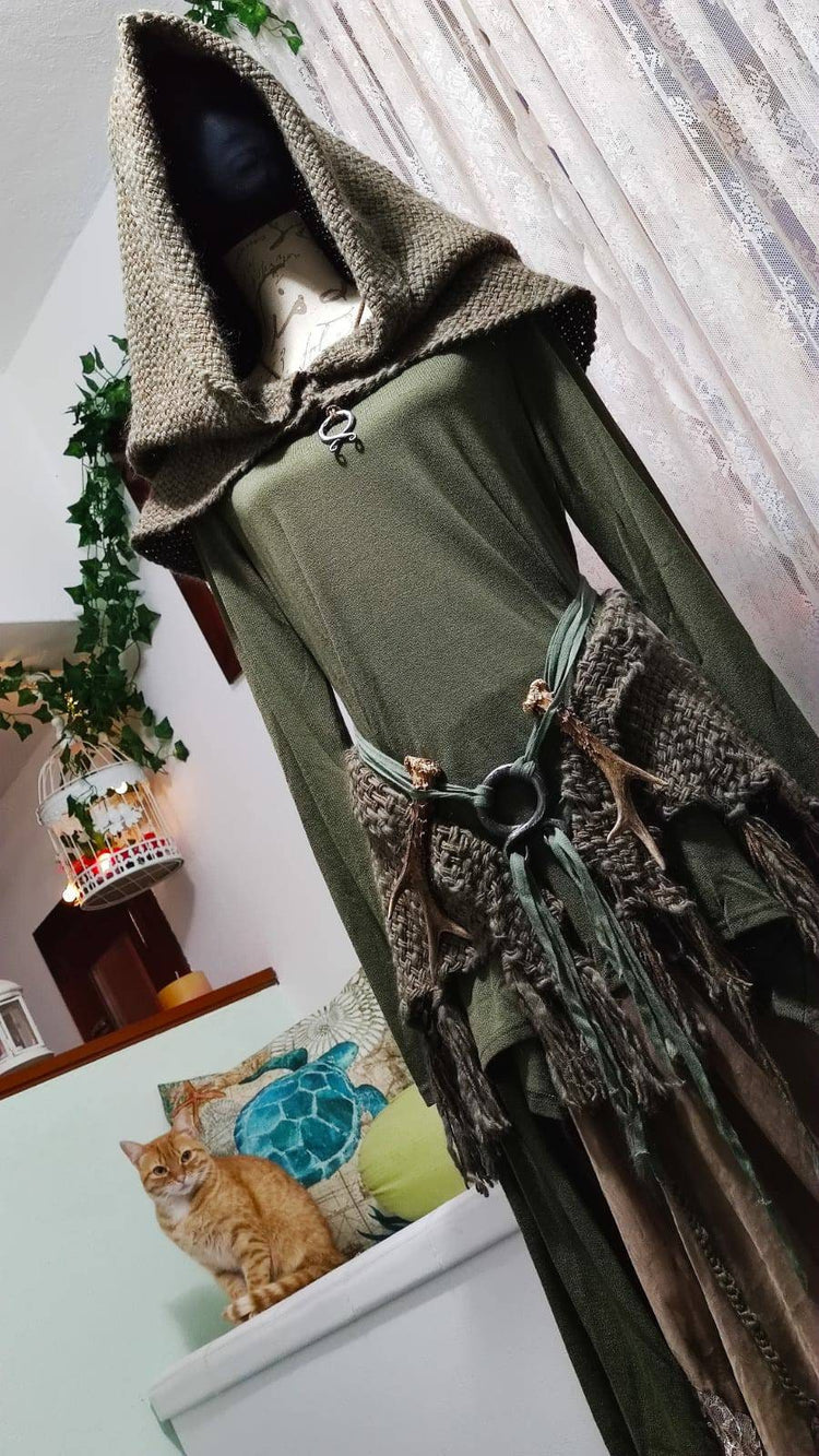 Handwoven Forest Witch Shawl Set: Hood, Chemise, Skirt, Amulet Belt