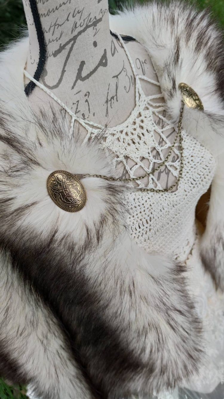 Nordic Fur Viking Wedding Cloak, Norse Bridal Cape with Brooches