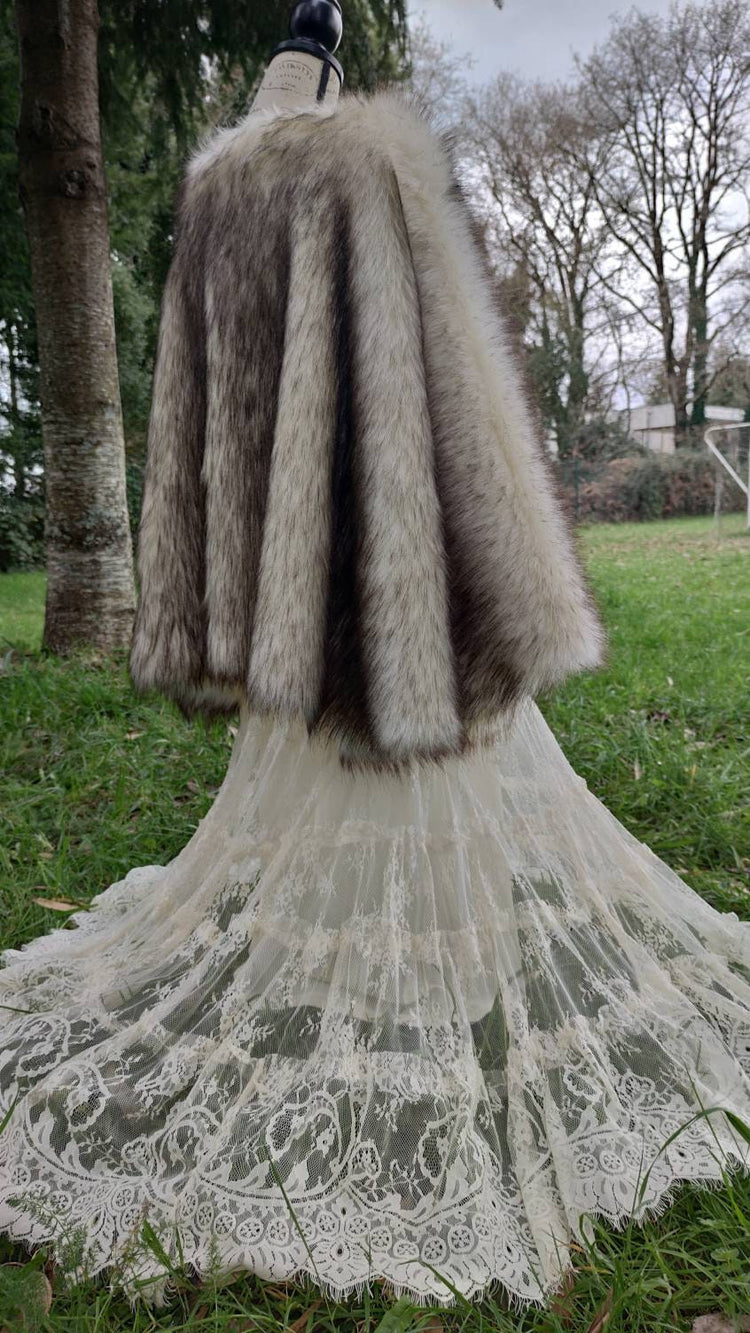 Gray Fur Viking Cape, Norse Wedding Cloak with Brooches