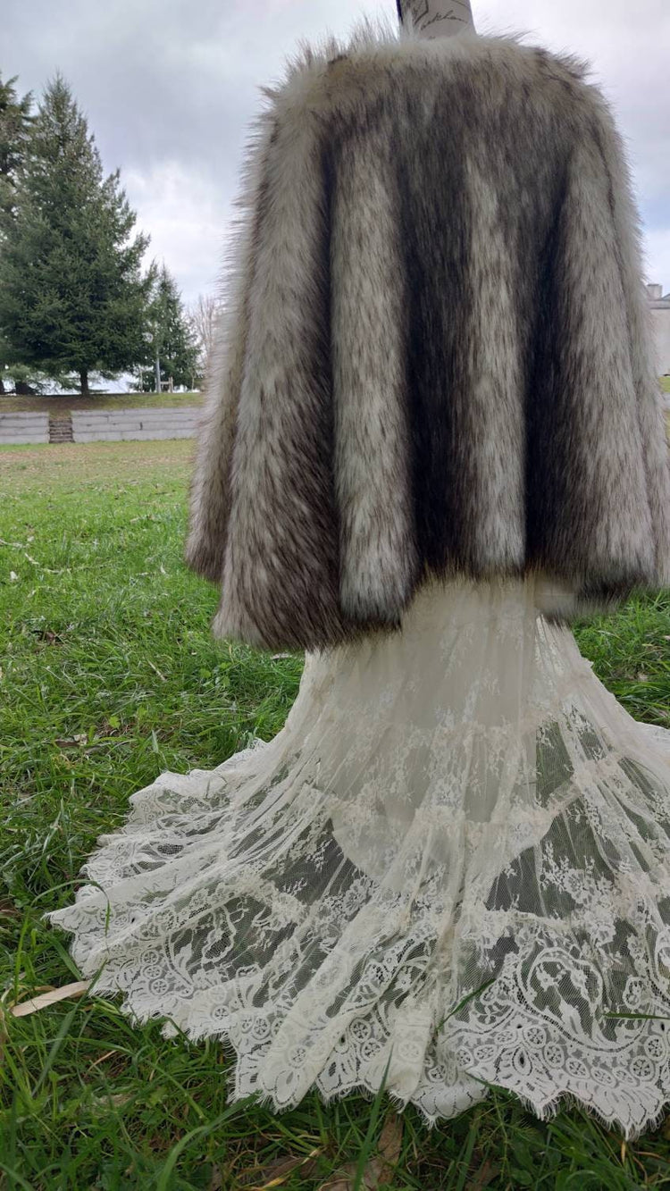 Gray Fur Viking Cape, Norse Wedding Cloak with Brooches