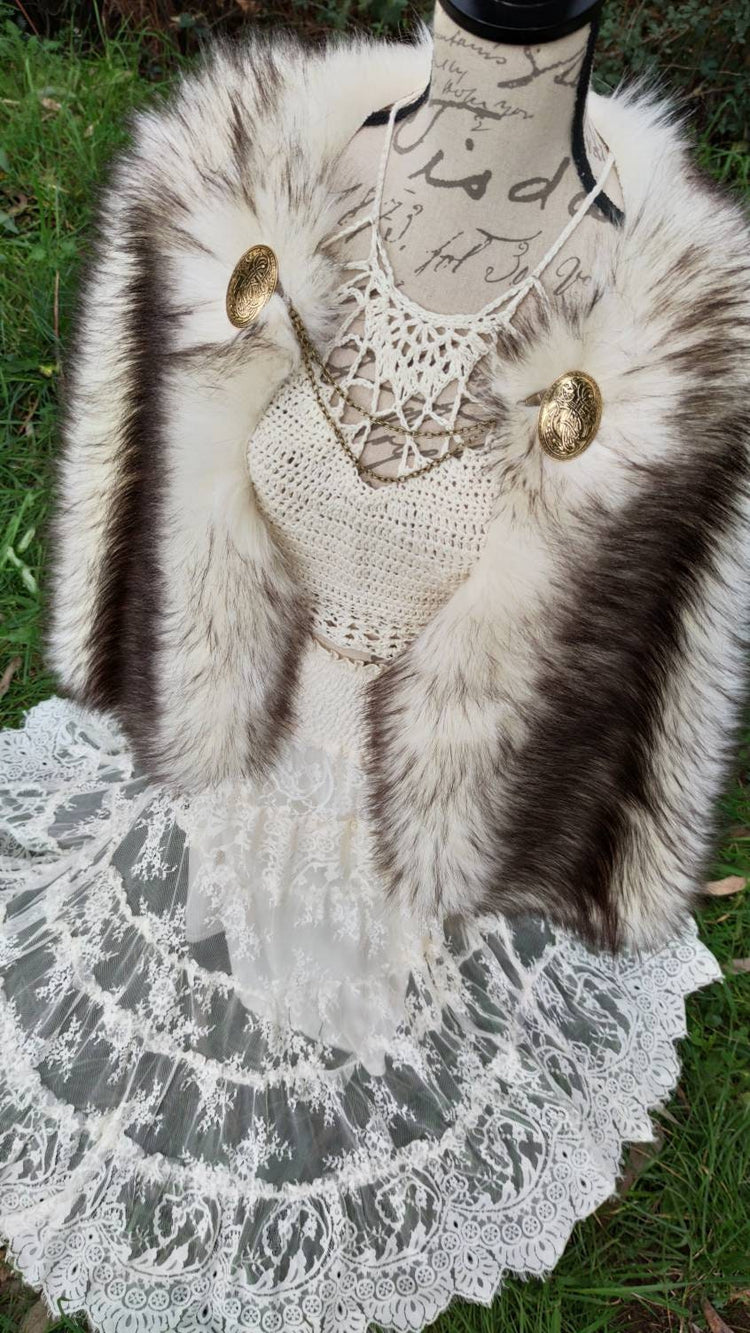 Gray Fur Viking Cape, Norse Wedding Cloak with Brooches