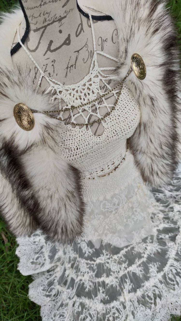 Gray Fur Viking Cape, Norse Wedding Cloak with Brooches