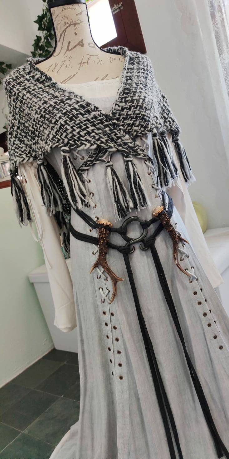 Handwoven Viking Wedding Shawl, Pagan Gray Witch LARP Cape